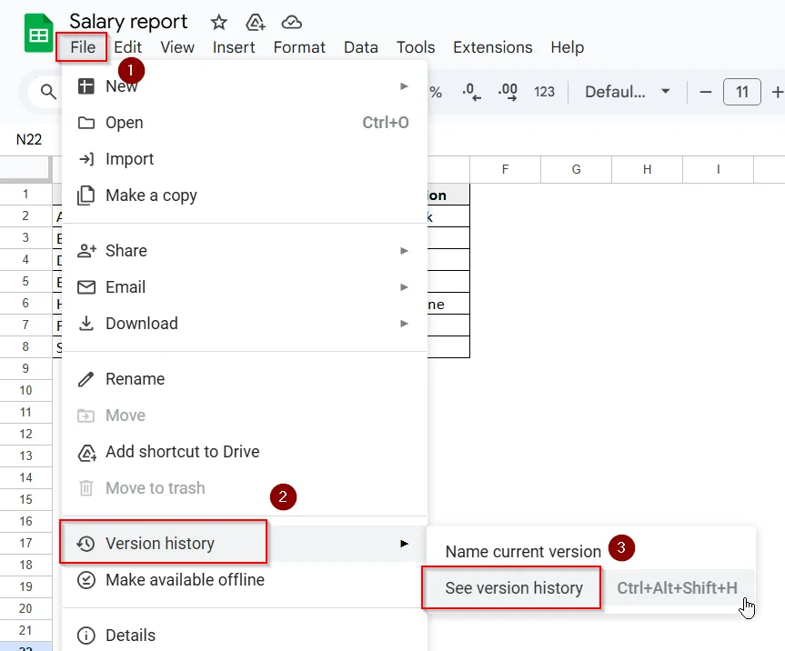 selecting file and version history