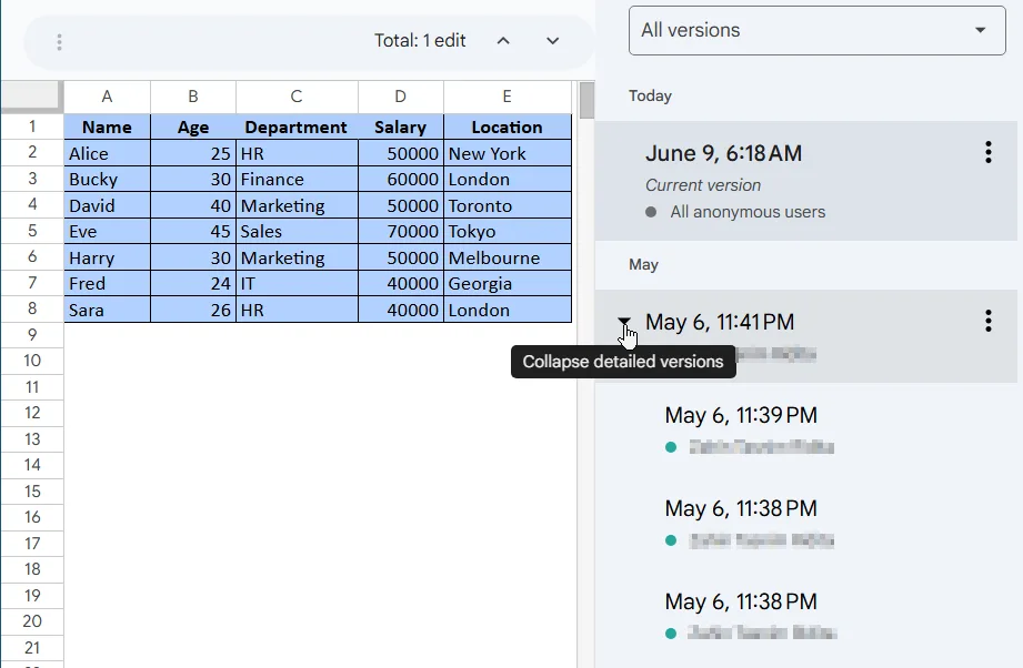 clicking arrow to see version history
