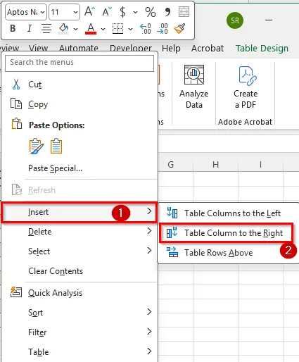 Add a Column Using the Table Context Menu