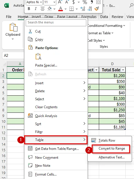 Select Convert to Range Option from the Table Context Menu