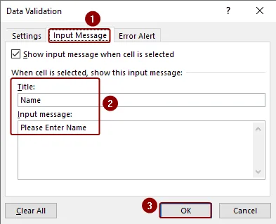 data validation for input message in excel