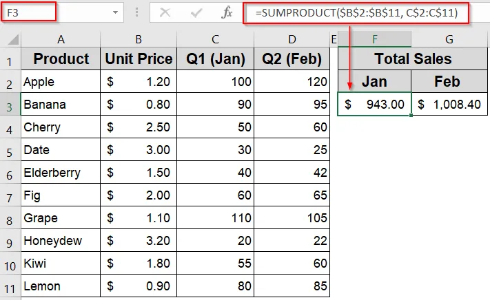 Example of Using Mixed Cell References Inside Excel Functions Like SUMPRODUCT