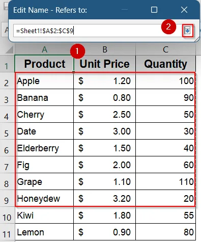 Steps to Edit Named Range Using Name Manager