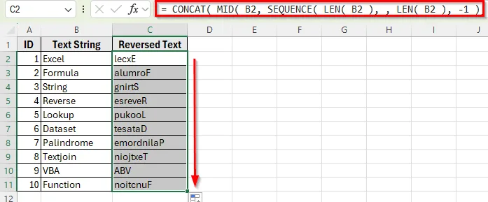 Using CONCAT, MID, SEQUENCE, and LEN to Reverse Text String