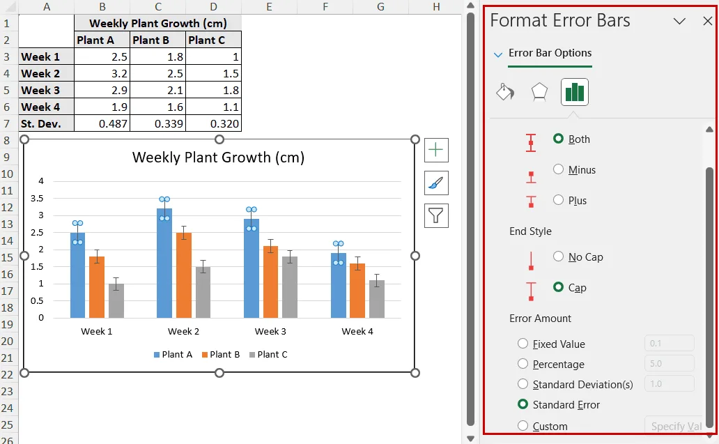 using chart design tab to open format error bars pane