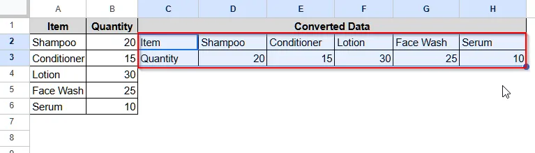 Using the TRANSPOSE Function to Convert Columns to Rows in Google Sheets