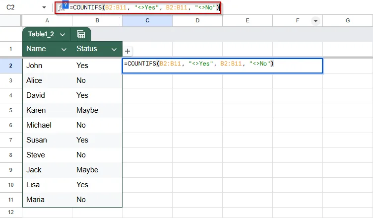 Count Cells Not Equal to Multiple Text Values in Google Sheets