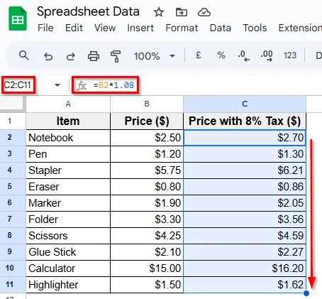 Using the Basic Formula to Multiply a Column by a Constant