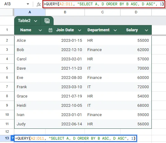 Sort Specific Columns: Join Date and Salary