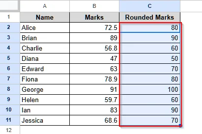 Use the CEILING Function to Round up Values to the Nearest 10 in Google Sheets