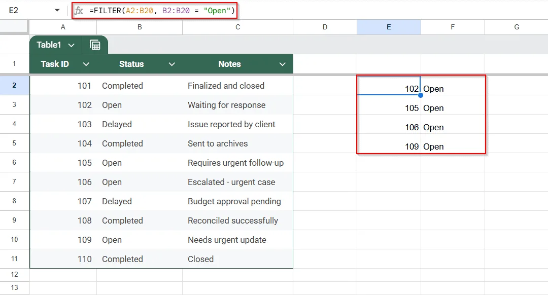 Use FILTER Function to Return All Rows That Contain a Specific Text