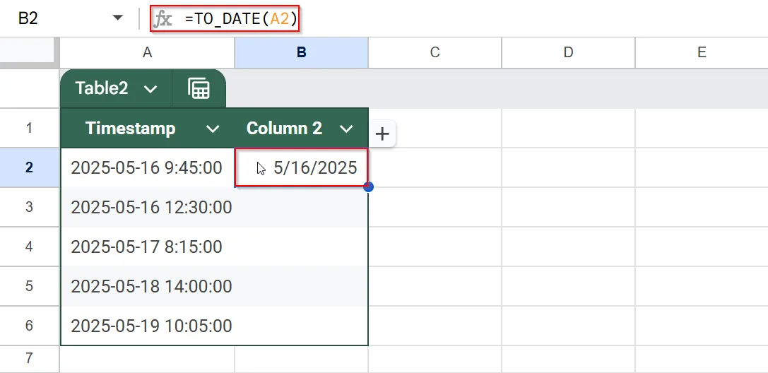 Apply the TO_DATE Function to Convert Timestamps to Dates in Google Sheets