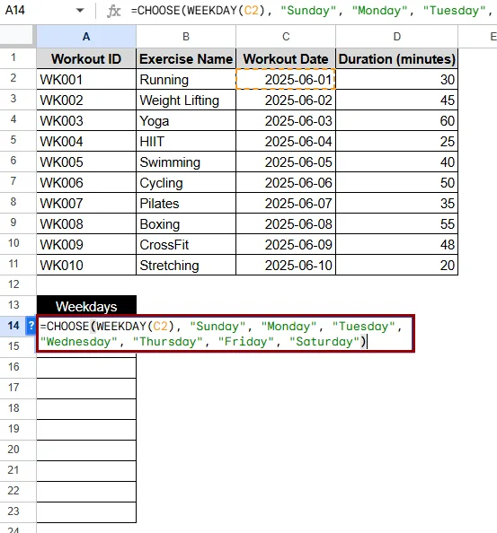 Using WEEKDAY with CHOOSE Function