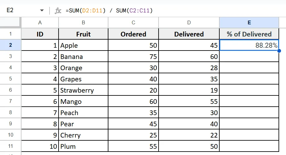 Calculate Percentage with SUM Formula