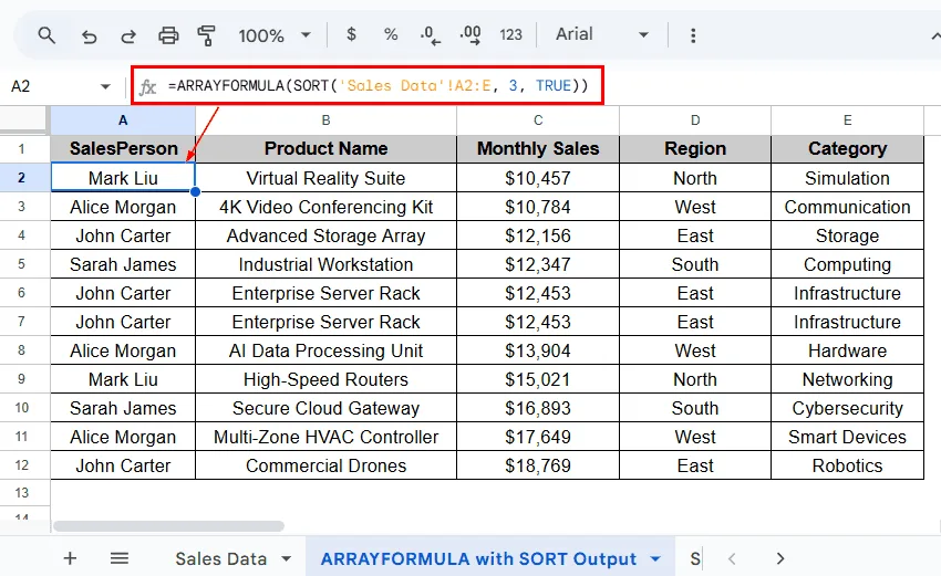 Auto-Sort Data Combining the SORT and ARRAYFORMULA Function