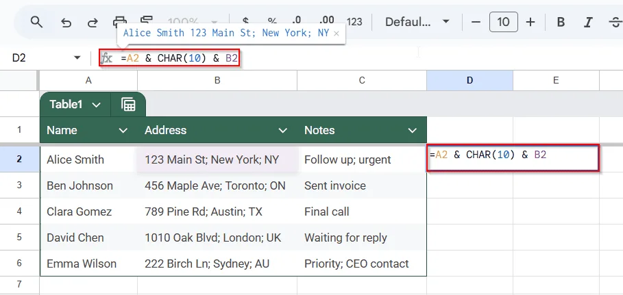 Combine Cell Values with Line Breaks Using CHAR(10) Function in Google Sheets