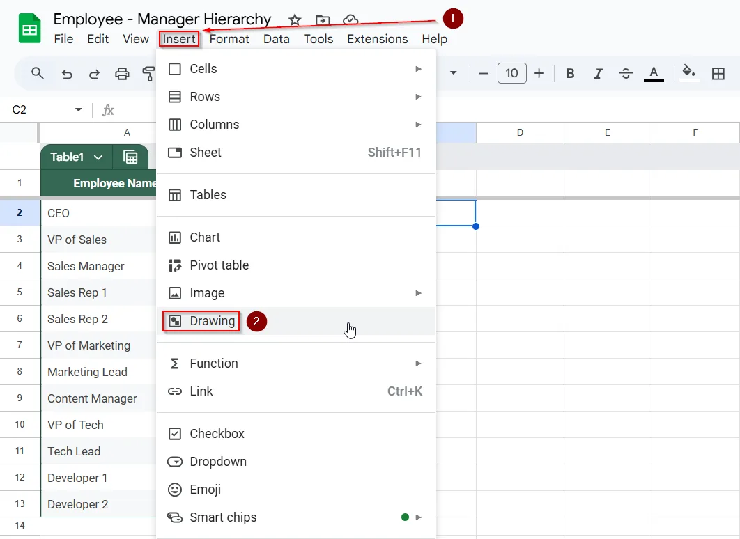 Build an Organizational Chart Using Google Drawings in Sheets