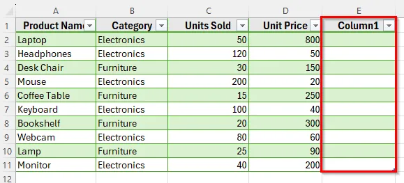 Add a Column Using the Table Context Menu