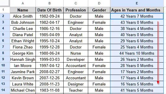 Calculate Age from Date of Birth Using DATEDIF Function in Google Sheets - 6