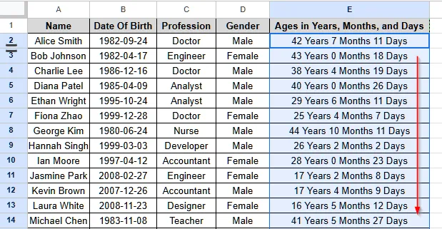Calculate Age from Date of Birth Using DATEDIF Function in Google Sheets - 8