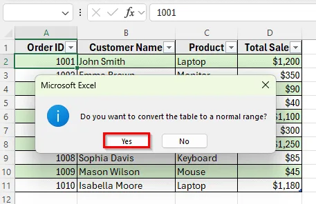 Select Convert to Range Option from the Table Context Menu