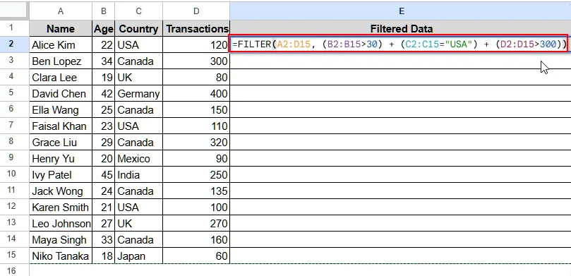 FILTER Function with More Than Two OR Conditions in Google Sheets