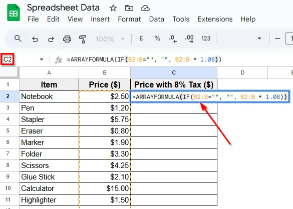 Apply the ARRAYFORMULA Function to Multiply an Entire Column