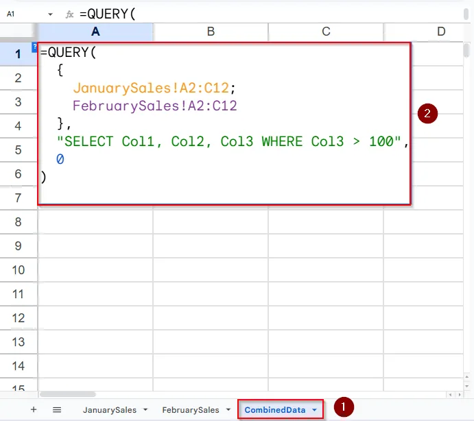 Use Array Syntax and QUERY Function to Combine and Filter Data from Multiple Tabs in the Same Google Sheet