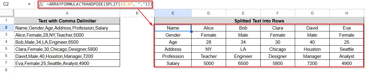 Split Text to Rows in Google Sheets Using ARRAYFORMULA Function