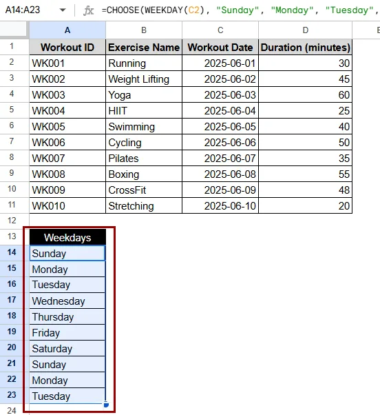 Using WEEKDAY with CHOOSE Function