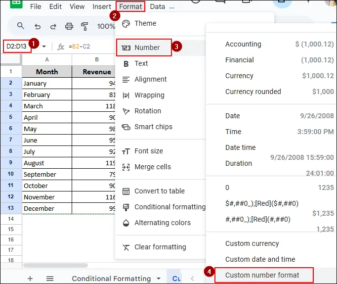 Using the Custom Number Format Option from the Menu