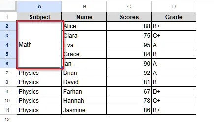 Merge Rows Using the Menu Bar Option in Google Sheets