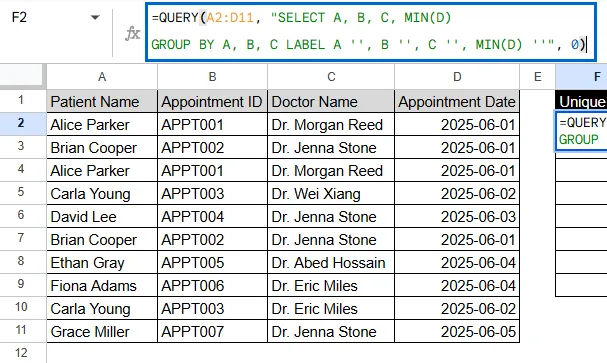Remove Duplicates by using QUERY Function