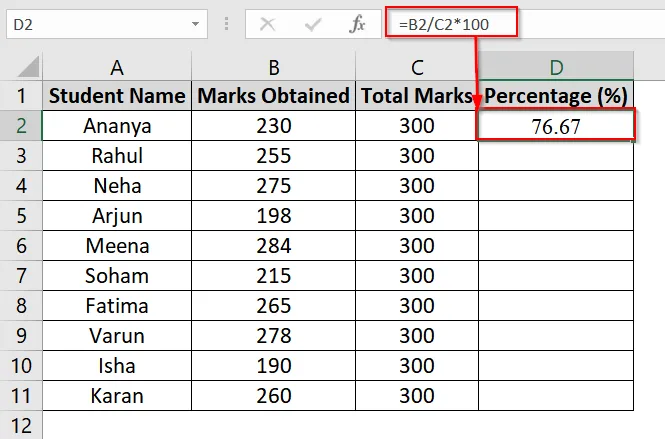 Applying Basic Percentage Formula for Marksheet in Excel
