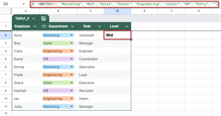 Using SWITCH Formula to Update Cell Values Based on Drop-Down Selection in Google Sheets