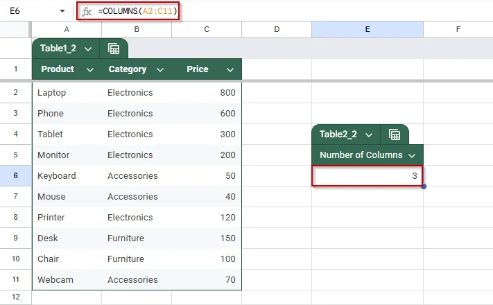 Use the COLUMNS Function to Set the Column Index