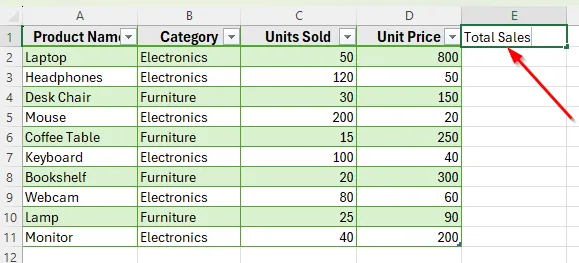 Add a Column by Typing in the Next Blank Cell