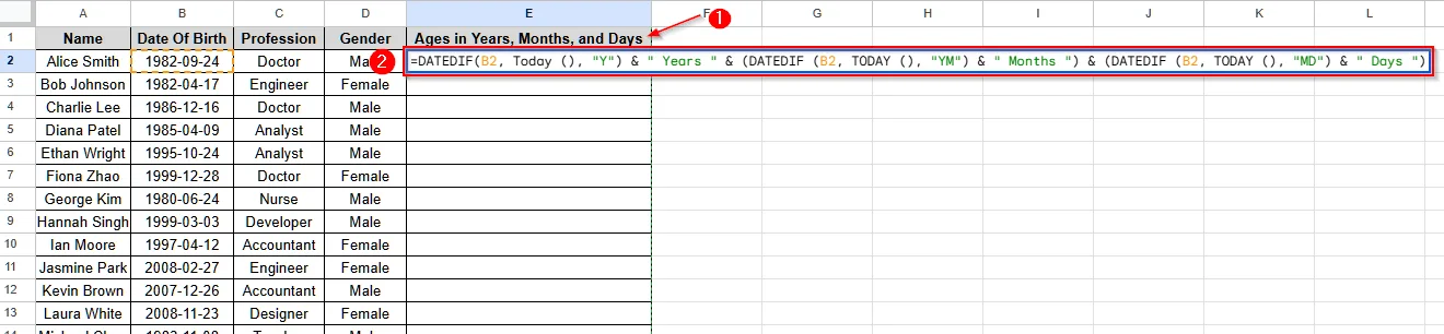 Calculate Age from Date of Birth Using DATEDIF Function in Google Sheets - 7