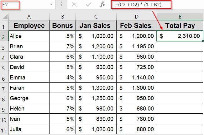 Example of Using Mixed Cell References to Calculate Total Pay with Bonus
