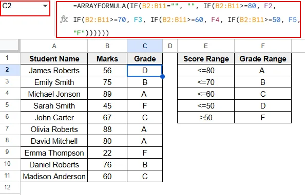 Nested IF with ARRAYFORMULA Function