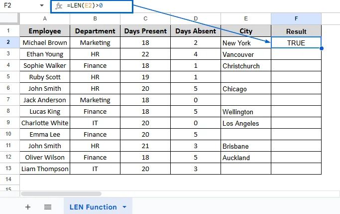 Using LEN Function to Return TRUE/FALSE For Not Empty Cells