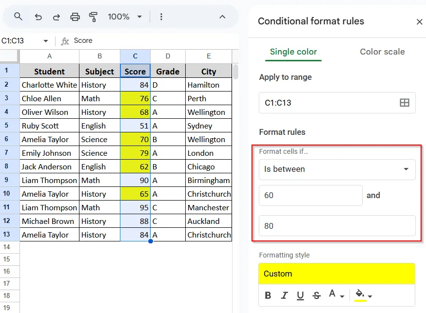 Using the Is Between Formatting Rule