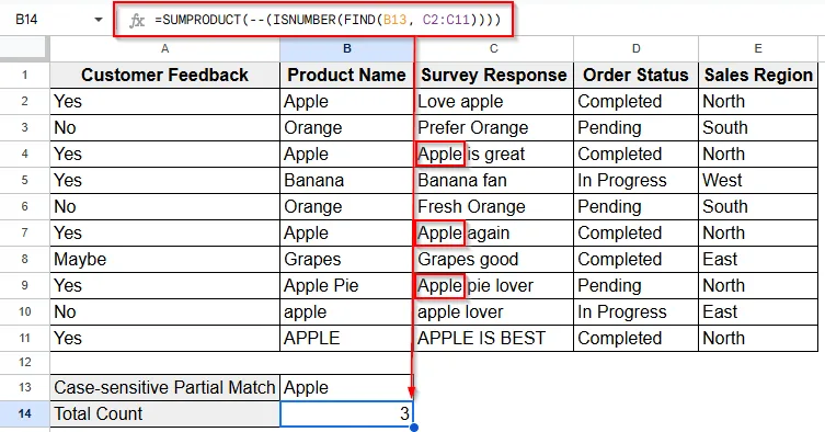 Case-Sensitive Formula to Count Cells with Specific Text for Partial Match