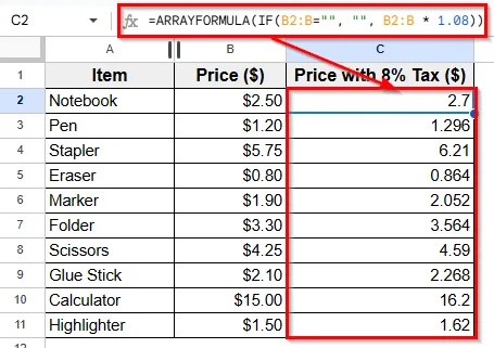 Apply the ARRAYFORMULA Function to Multiply an Entire Column