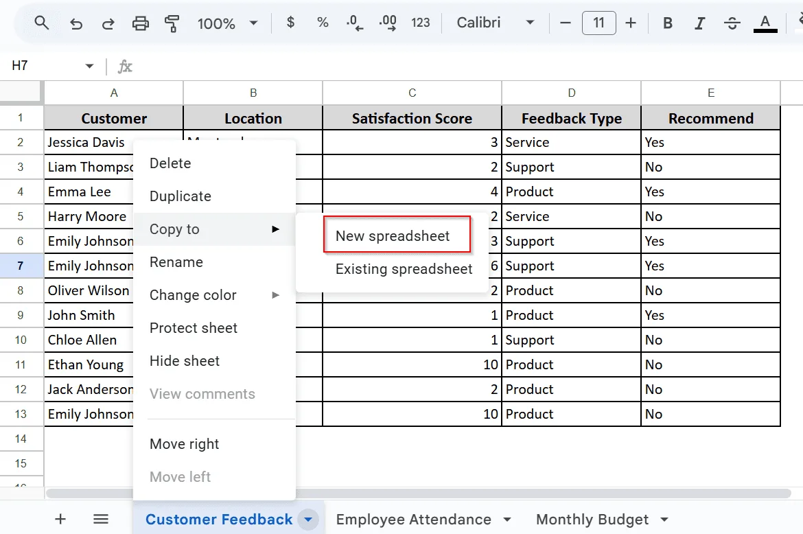 Share by Creating a New Spreadsheet