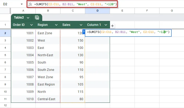 Generate a Sum by Using SUMIFS for Multiple Conditions Including Text in Google Sheets