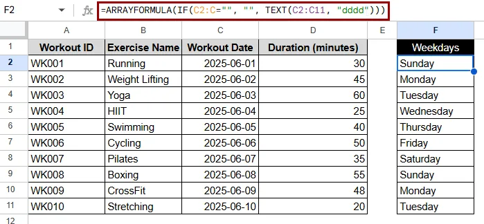 Inserting ARRAYFORMULA to Extract Weekday Names from Multiple Dates