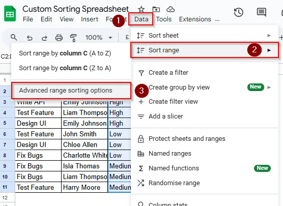 Sorting Multiple Columns with Sort Range from the Menu Bar