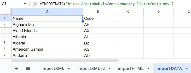 Import Data from a CSV or TSV File Using IMPORTDATA