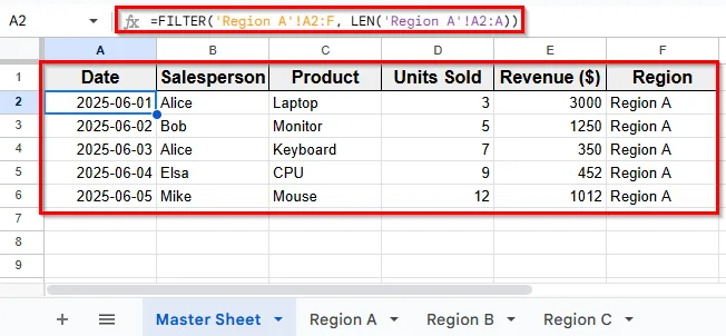 Use the FILTER Function to Pull Data Automatically